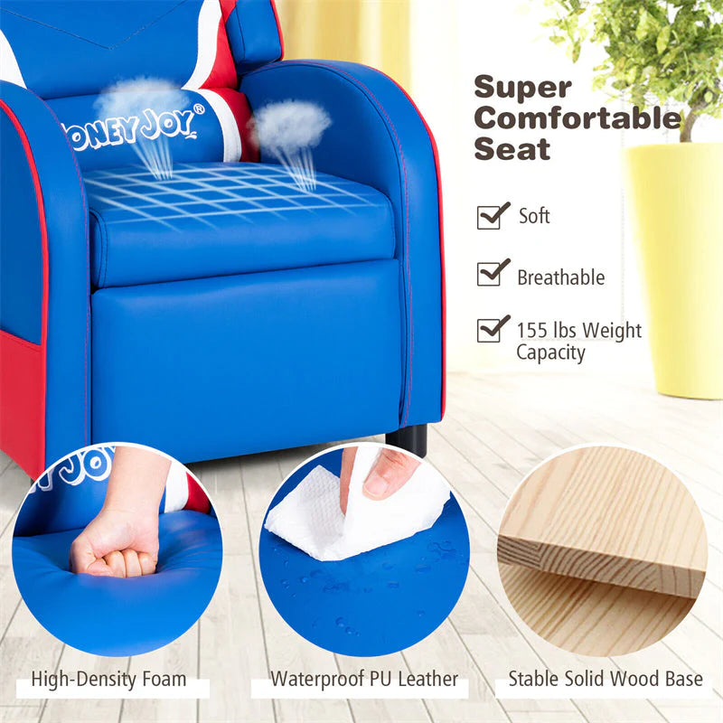 Kids Recliner Chair. Adjustable PU Leather Gaming Sofa with Footrest. Lumbar Support & Side Pockets. Ergonomic Children Lounge Armchair