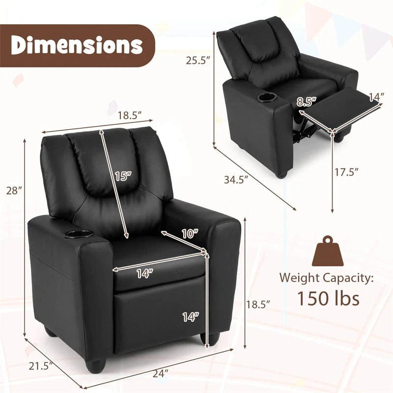 Kids Recliner Chair with Cup Holder & Side Pocket. Adjustable Toddler Lounge Sofa. Ergonomic Children Armchairs for Boys Girls Age 3+. 150lbs