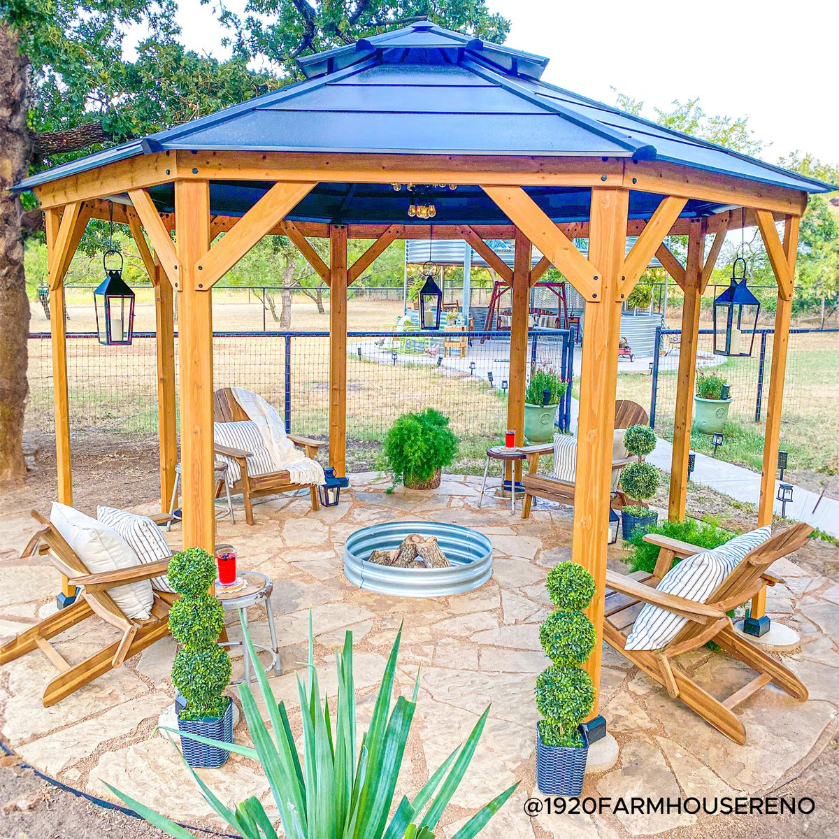 Sunjoy 13 x 13 ft. Cedar Framed Octagon Wood Gazebo with Double Tiered Steel Hardtop Roof and Ceiling Hook for Garden. Backyard Shade