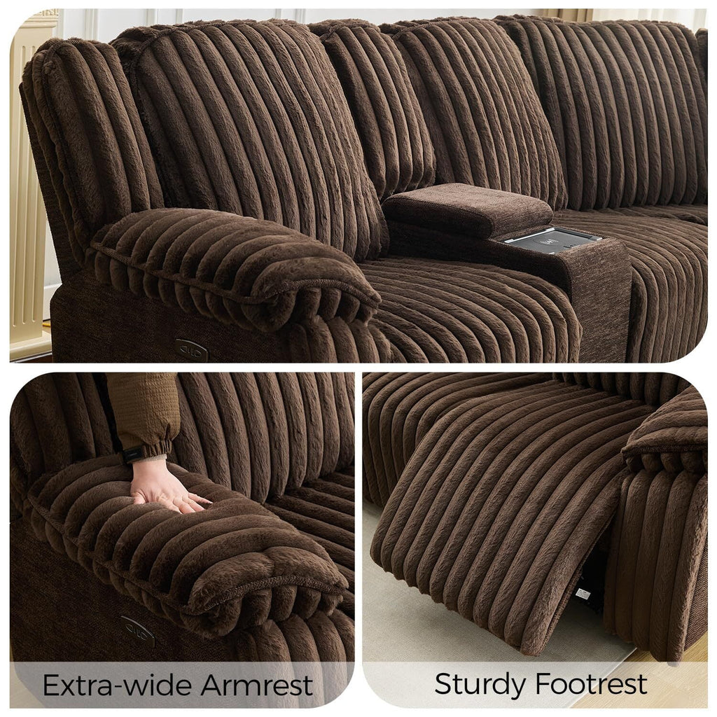 Power Reclining Sectional Sofa with Wireless Charger. 6 - Seater Faux Fur Sectional with Recliners. Hidden Cup Holders. Storage Console. USB & Type - C Ports. Black