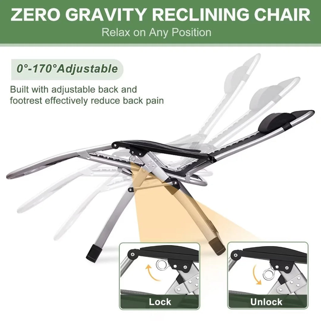 NAIZEA 2 Pack Zero Gravity Chair. Foldable Portable Lawn Recliner with Cushion. Headrest. Cup Holder. Black