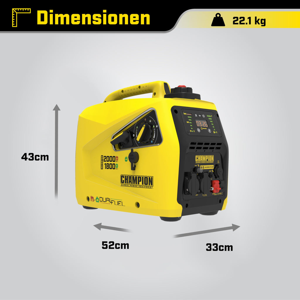 Champion Power Equipment Petrol + Gas Power Generator (2000 Watt. Power Inverter. Generator with LED Display. Dual Fuel. Extremely Quiet) 8200i-E-DF-EU. Yellow