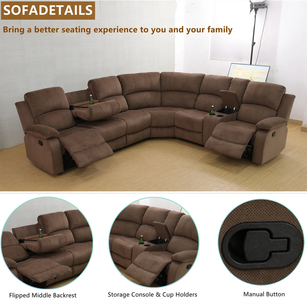 Aukfa 3 - Piece Recliner Sofa Set. 6 Seat Sectional Couch with Cup Holders&Storage Console. Gray