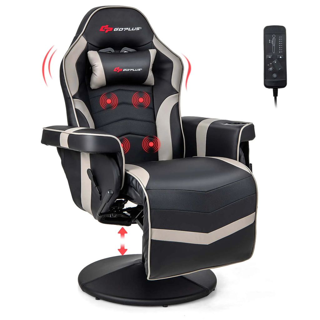 Goplus Massage Gaming Recliner Height Adjustable Racing Swivel Chair with Cup Holder Red