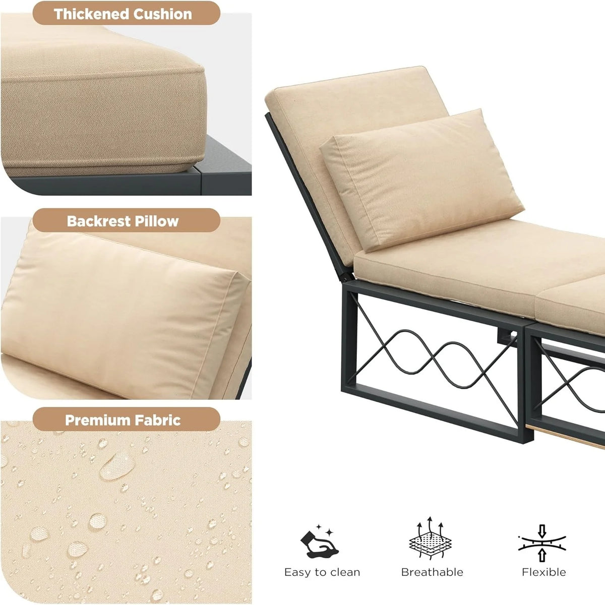 AECOJOY Outdoor Metal Chaise Lounge Chair. Convertible Patio Armchair with Cushions. Adjustable 5-Position Recliner