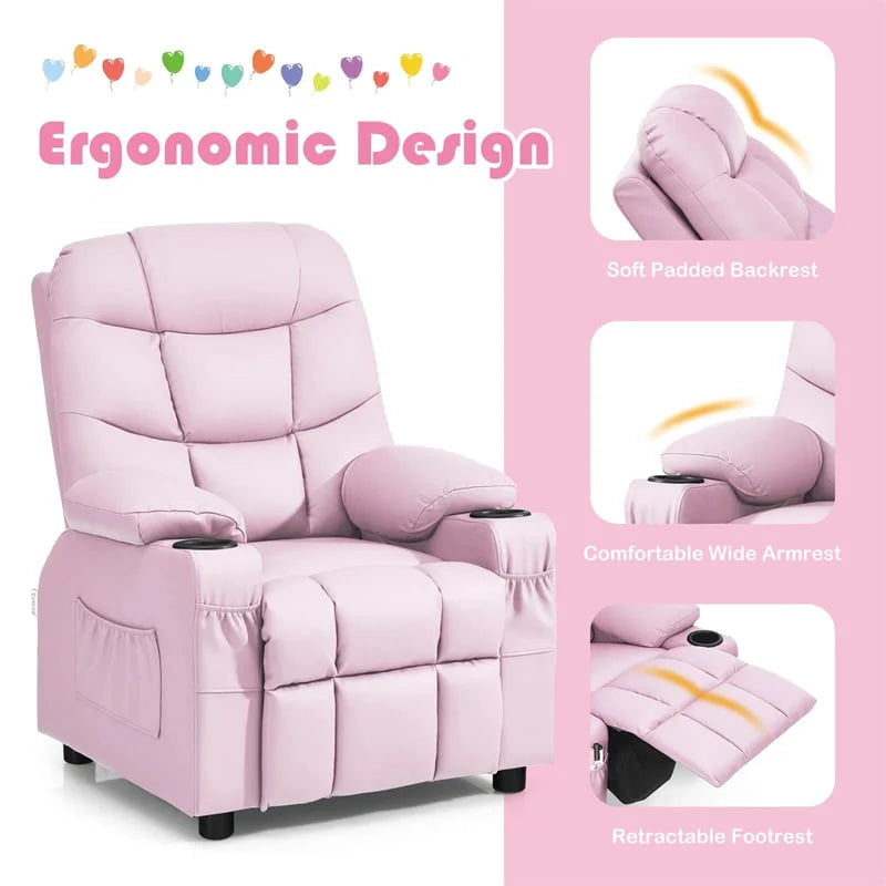 Kids Recliner Chair PU Leather Adjustable Lounge Sofa with Cup Holder. 3 Pockets & Retractable Footrest. Ergonomic Toddler Furniture Sofa