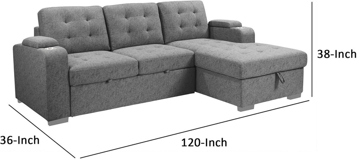 Benjara 120 Inch Sleeper Sectional Sofa Bed with Storage. Modern Tufted Gray Fabric