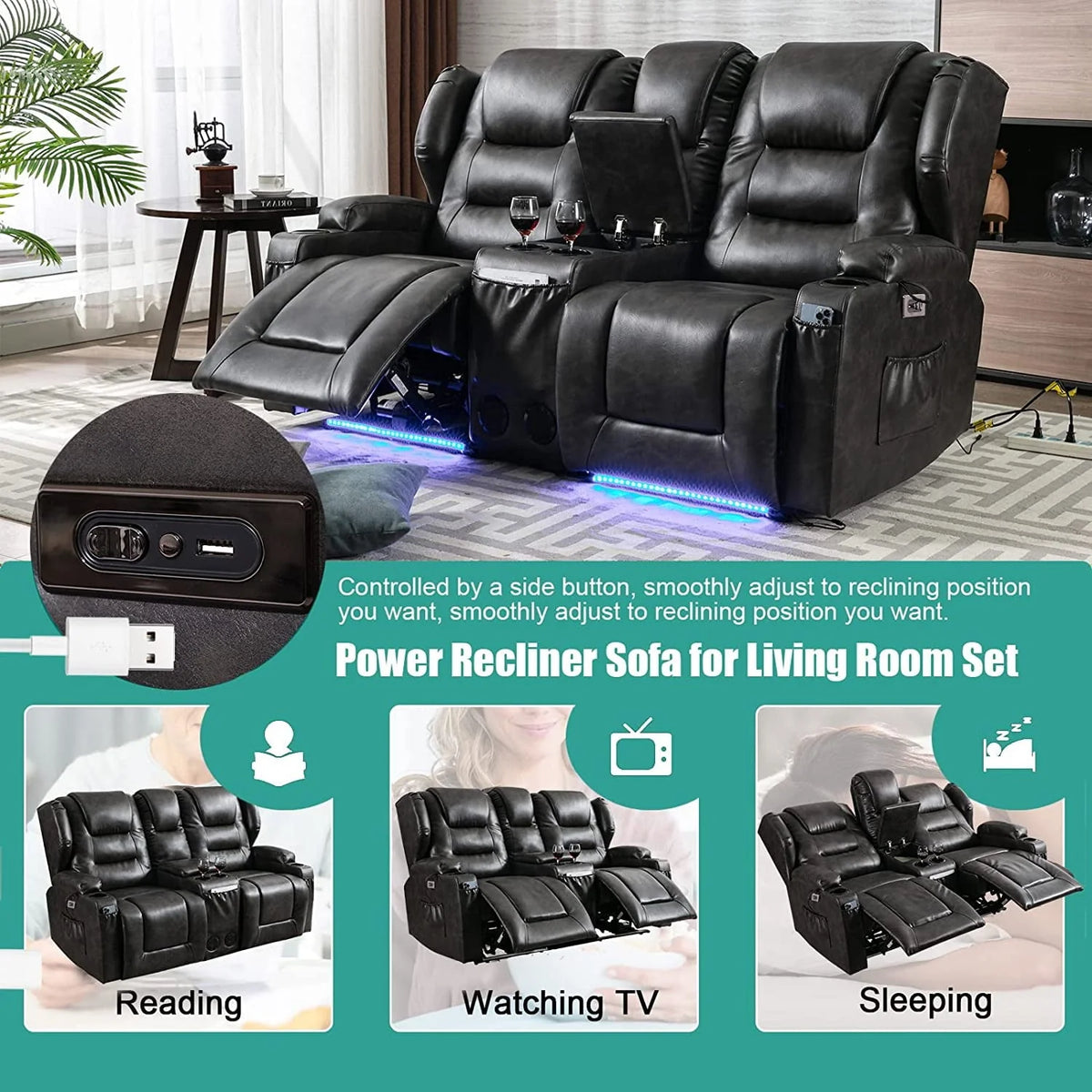 IPKIG Electric Home Theater Seating - Power Recline Chair Loveseat RV Sofa with Console. 67 Double Recliner 2 - Seater RV Couch with Storage/USB Charging/Lighting/Cup Holders for Living Room