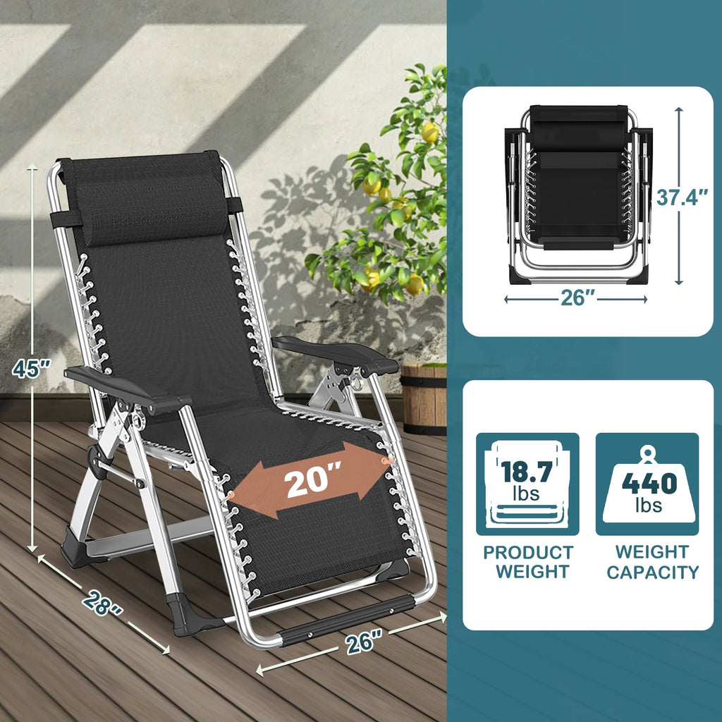 NAIZEA 2 Pack Zero Gravity Chair. Foldable Portable Lawn Recliner with Cushion. Headrest. Cup Holder. Black