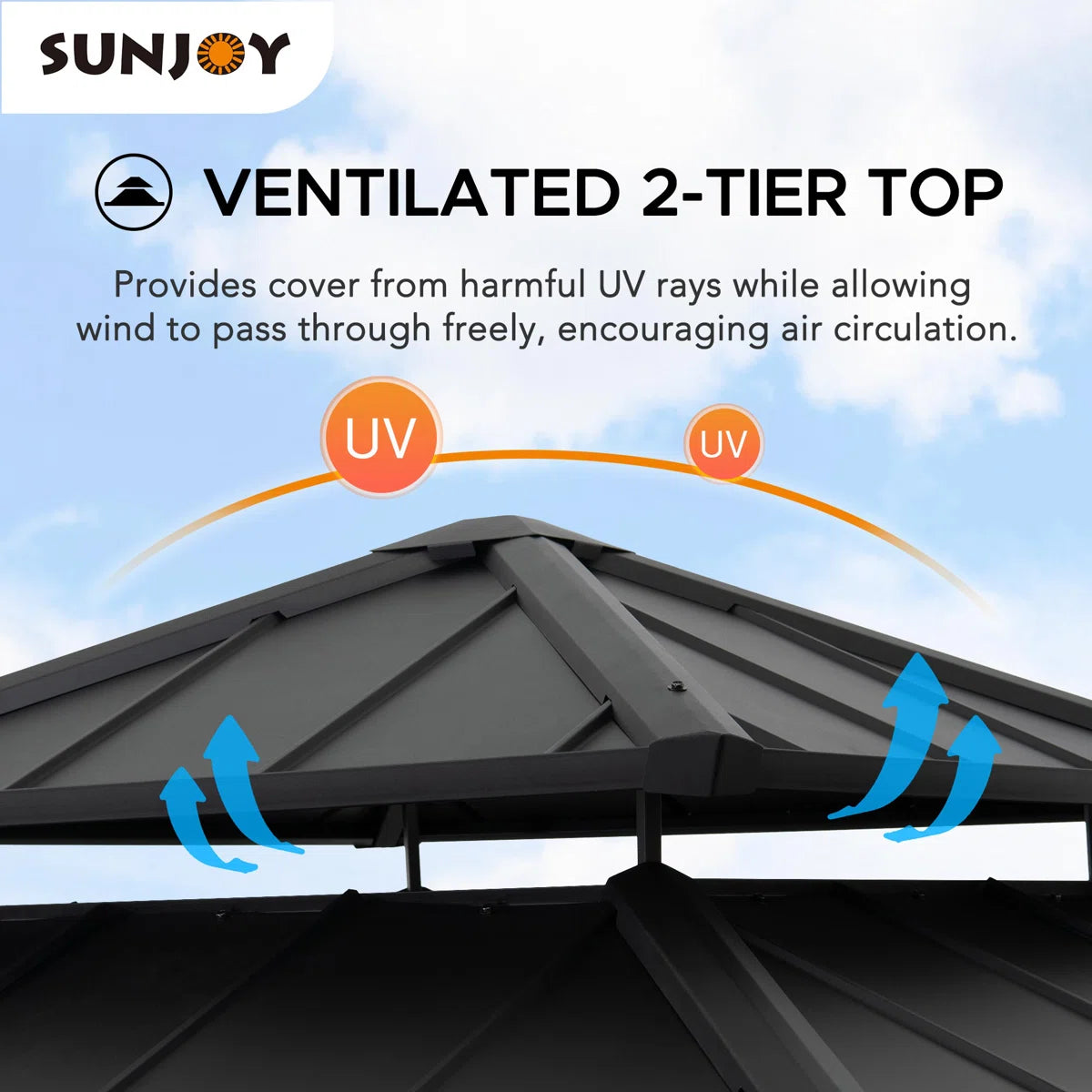 Sunjoy 11 x 11 ft. Wood Gazebo Standard Cedar Framed Gazebos with Black Double Steel Hardtop Roof for Garden. Backyard Shade