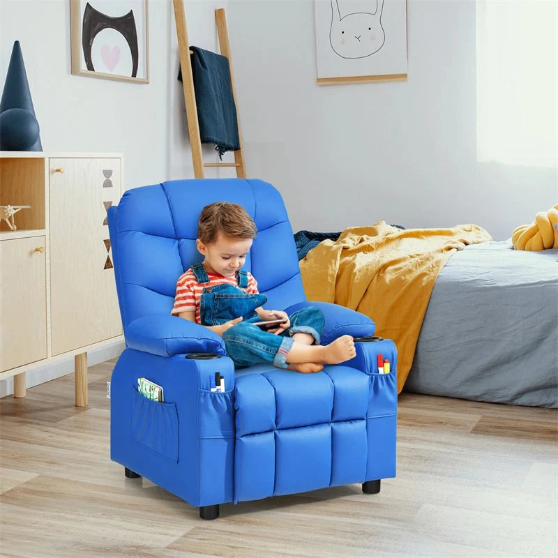 Kids Recliner Chair PU Leather Adjustable Lounge Sofa with Cup Holder. 3 Pockets & Retractable Footrest. Ergonomic Toddler Furniture Sofa