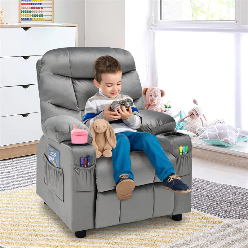 Kids Recliner Chair Adjustable Velvet Lounge Sofa with Cup Holders. 3 Pockets. Retractable Footrest. Toddler Furniture Sofa for Boys Girls Room