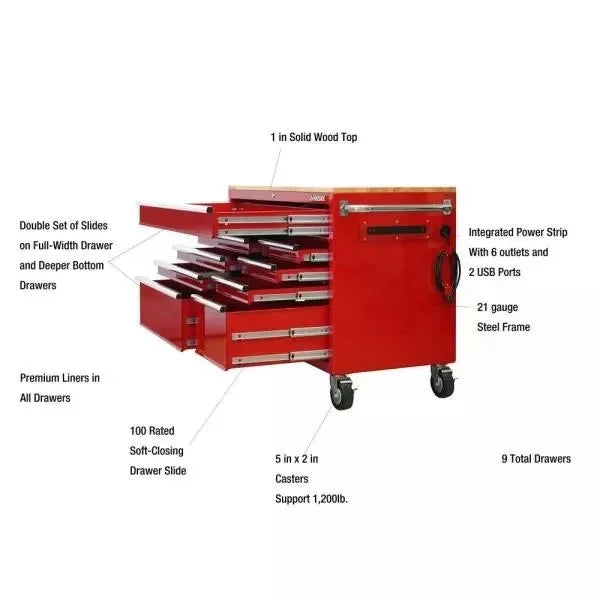 52 IN. W 24 IN. D 9-DRAWER GLOSS RED MOBILE WORKBENCH