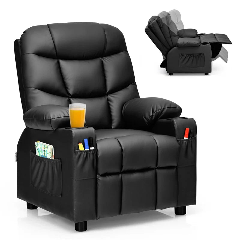 Kids Recliner Chair PU Leather Adjustable Lounge Sofa with Cup Holder. 3 Pockets & Retractable Footrest. Ergonomic Toddler Furniture Sofa