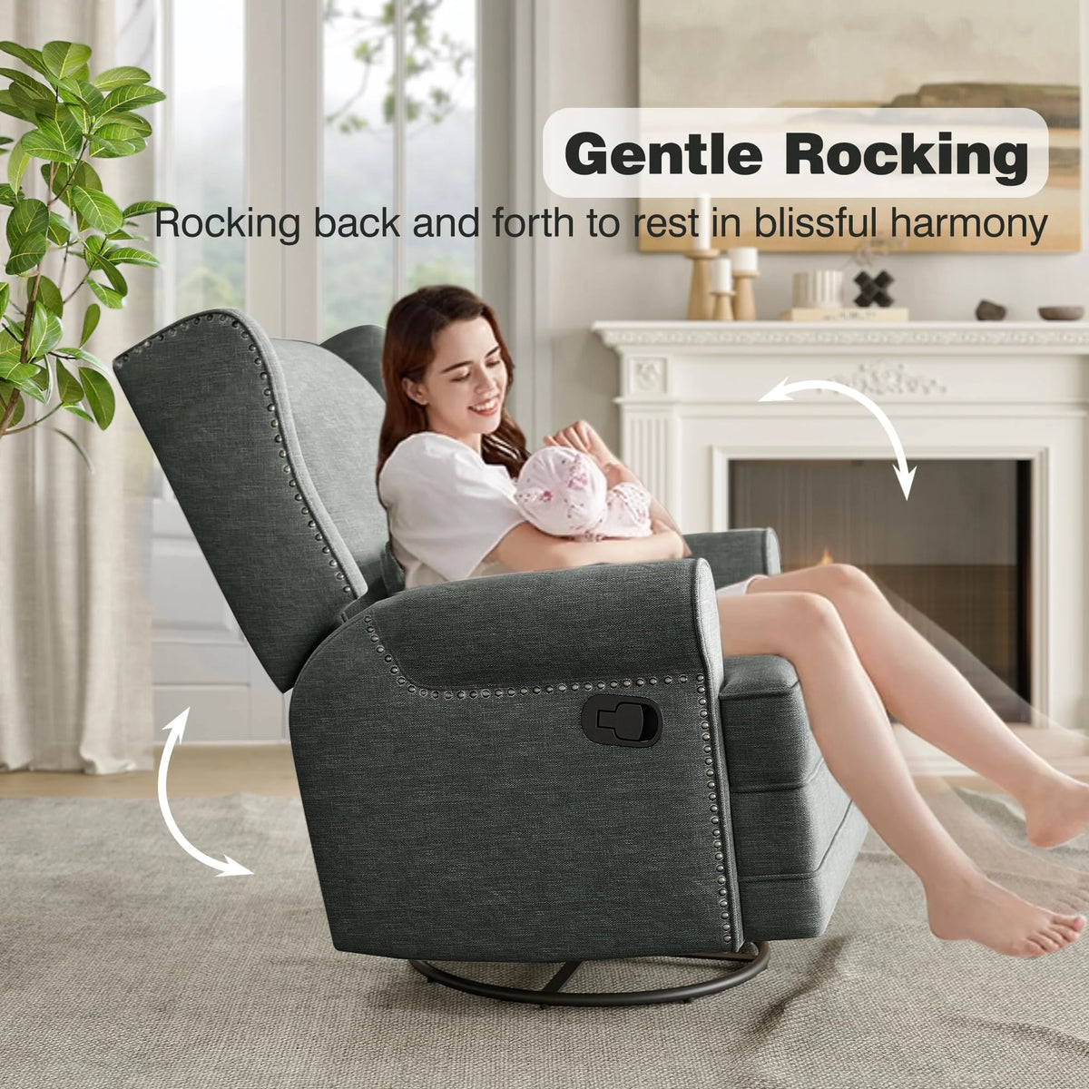 Royalcraft Swivel Nursery Glider Recliner. Comfy Upholstered Glider Chair with Lumbar Pillow and Footrest. Beige