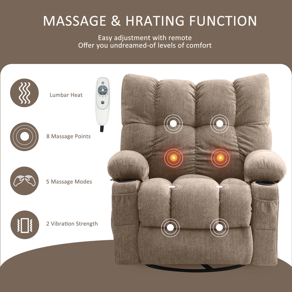JONPONY Manual Recliner Chair with Heat Therapy and Massage Function. Heavy Duty Reclining Mechanism Massage Chair. Elderly Single Rocker Sofa with Cup Holders for Bedroom Home Theater. Grey
