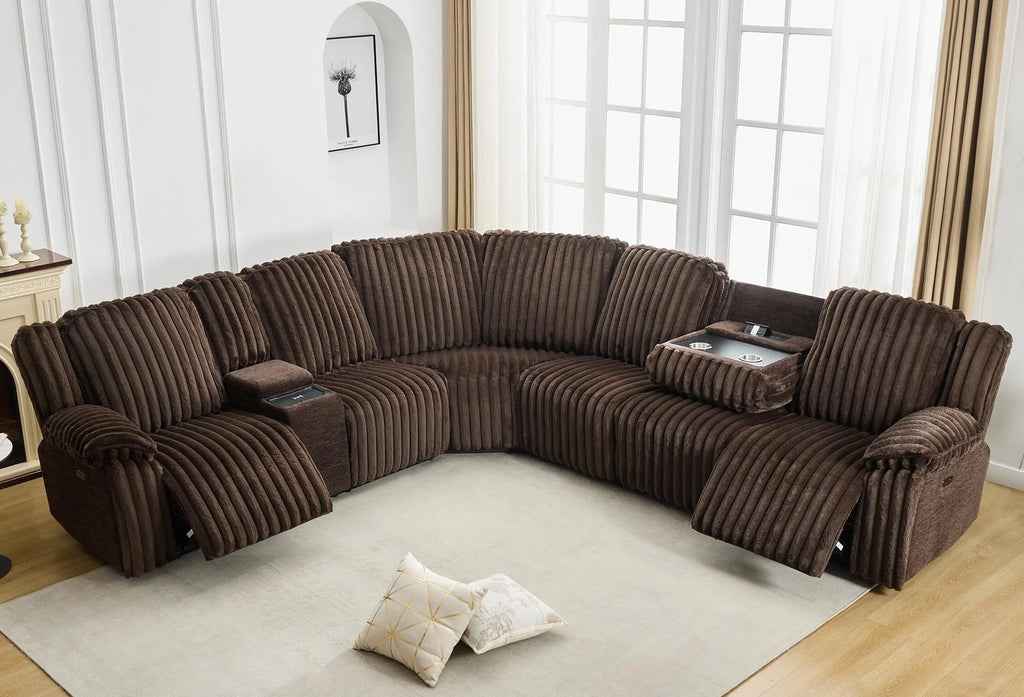 Power Reclining Sectional Sofa with Wireless Charger. 6 - Seater Faux Fur Sectional with Recliners. Hidden Cup Holders. Storage Console. USB & Type - C Ports. Black