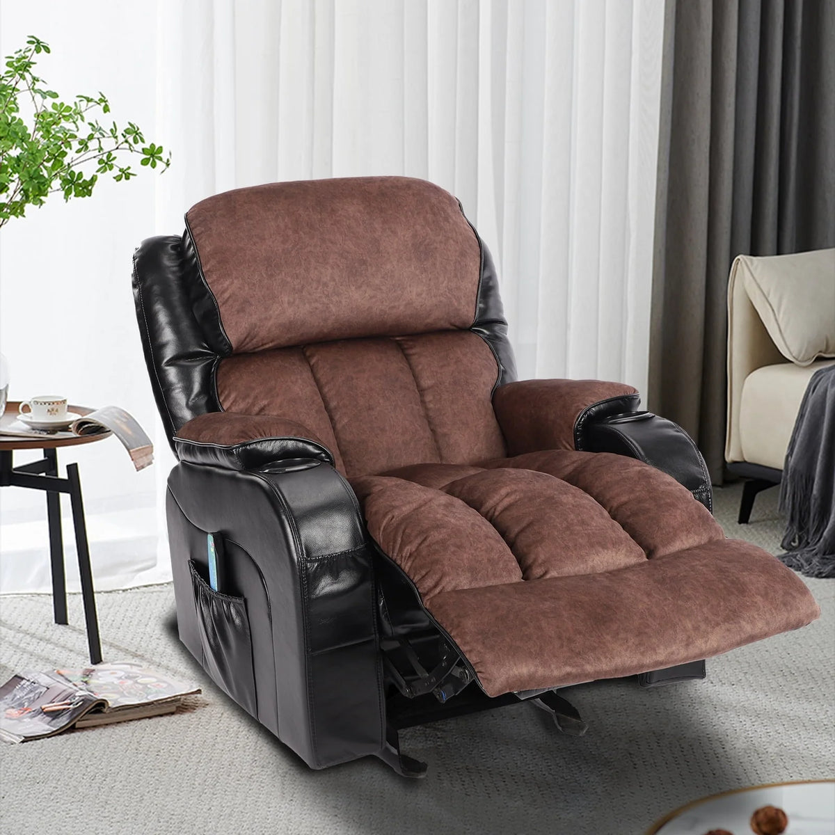 Leather Massage Recliner Chair. Modern Electric Power Rocker with Heated Massage. Ergonomic Lounge Chair. SEGMART Single Sofa Seat with Drink Holders for Living Room. Black and Brown