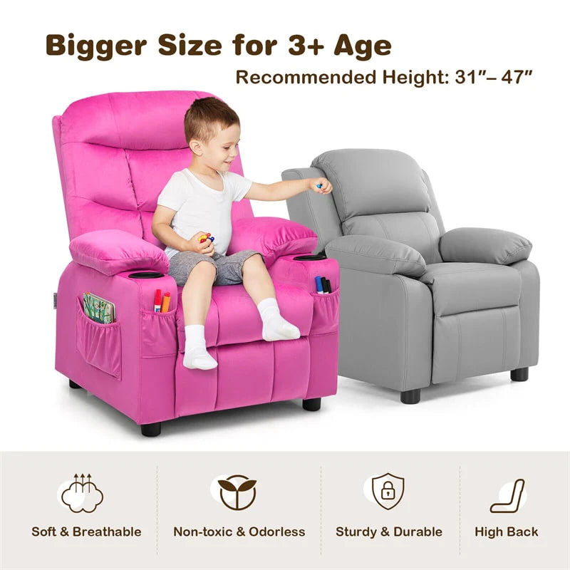 Kids Recliner Chair Adjustable Velvet Lounge Sofa with Cup Holders. 3 Pockets. Retractable Footrest. Toddler Furniture Sofa for Boys Girls Room