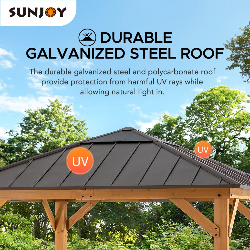 Sunjoy Hardtop Gazebo 11 x 11 ft. Cedar Framed Wood Gazebo with Brown Steel and Polycarbonate Hip Roof Hardtop for Garden. Backyard Shade