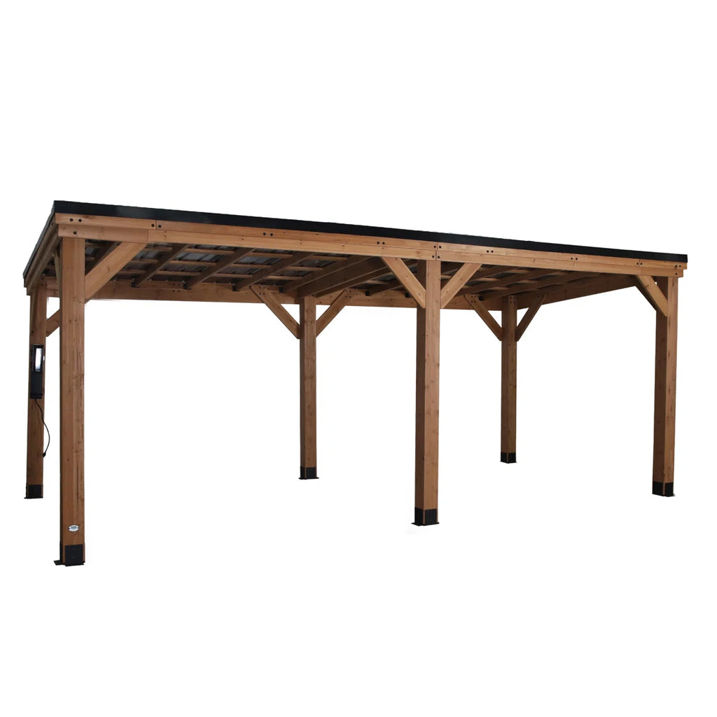 Backyard Discovery Arcadia 20' x 9.5' Cedar Wood Outdoor Patio Gazebo with Hardtop Galvanized Steel Slope Roof and PowerPort
