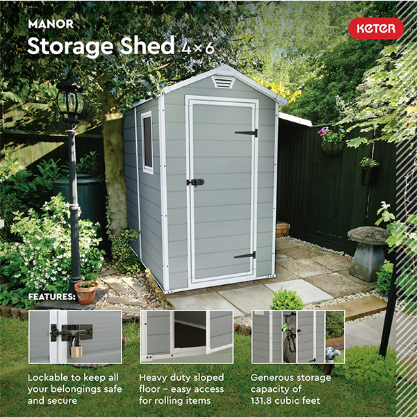 4×6 Resin Outdoor Storage Shed Kit-Perfect to Store Patio Furniture. Garden Tools Bike Accessories. Beach Chairs and Lawn Mower. Grey & White