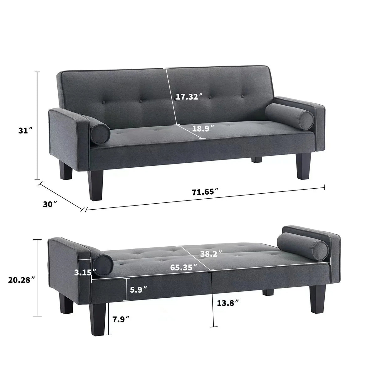 72 Convertible Loveseat Sofa Bed Sleeper Daybed. Modern Upholstered Folding Recliner. Small Futon Sofa for Living Room Apartment Office. Gray 02
