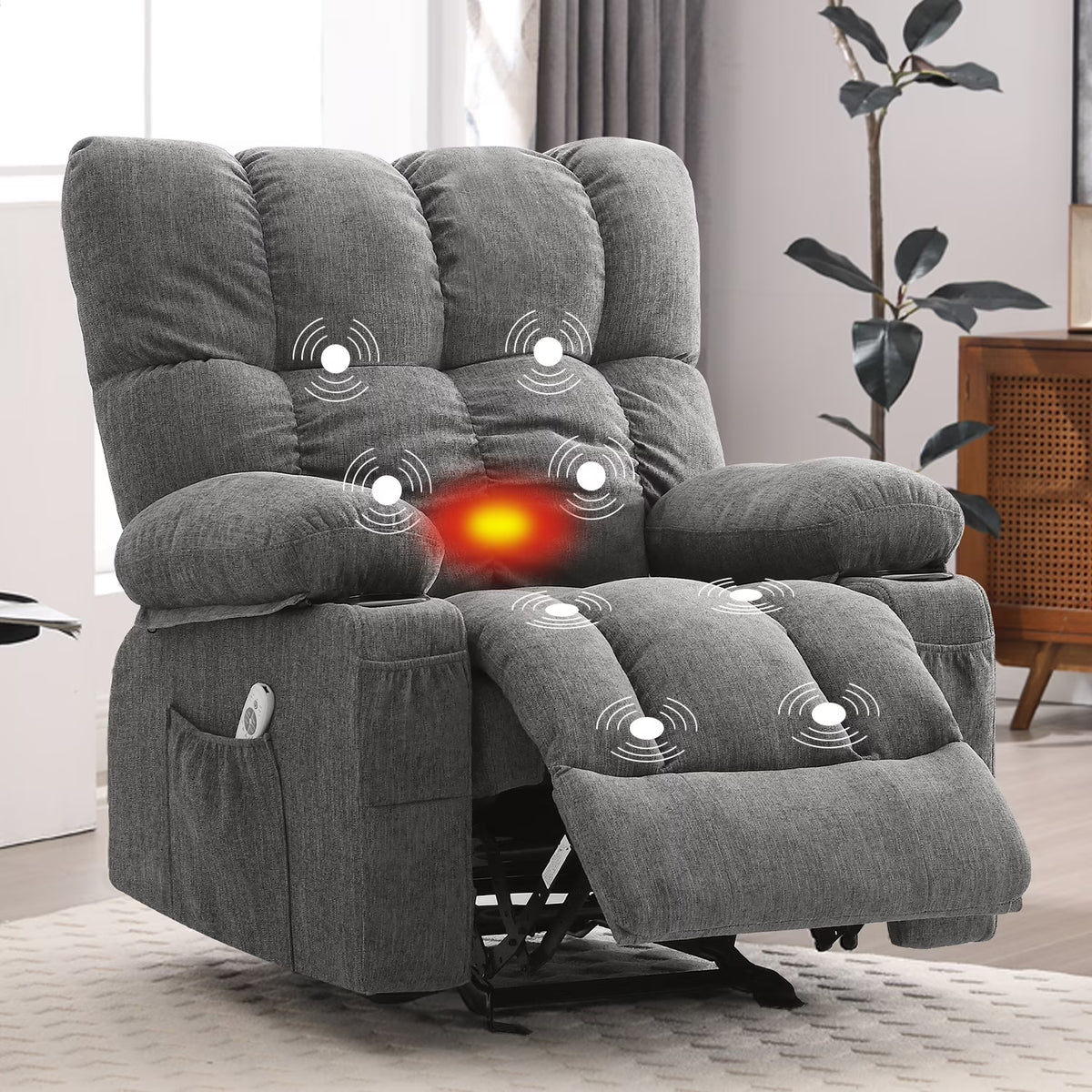 JONPONY Manual Recliner Chair with Heat Therapy and Massage Function. Heavy Duty Reclining Mechanism Massage Chair. Elderly Single Rocker Sofa with Cup Holders for Bedroom Home Theater. Grey