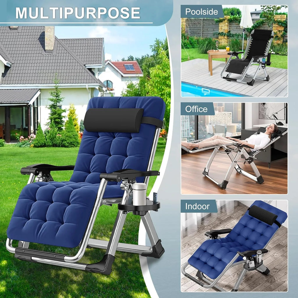 NAIZEA 2 Pack Zero Gravity Chair. Foldable Portable Lawn Recliner with Cushion. Headrest. Cup Holder. Black