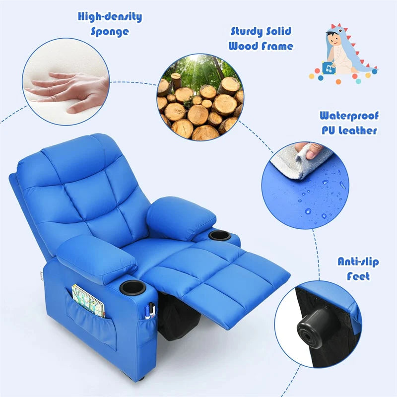 Kids Recliner Chair PU Leather Adjustable Lounge Sofa with Cup Holder. 3 Pockets & Retractable Footrest. Ergonomic Toddler Furniture Sofa