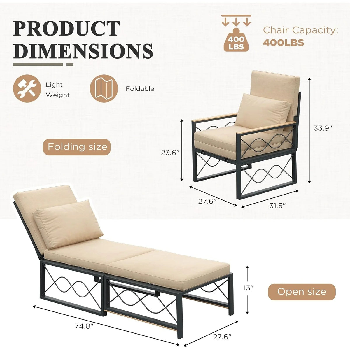 AECOJOY Outdoor Metal Chaise Lounge Chair. Convertible Patio Armchair with Cushions. Adjustable 5-Position Recliner
