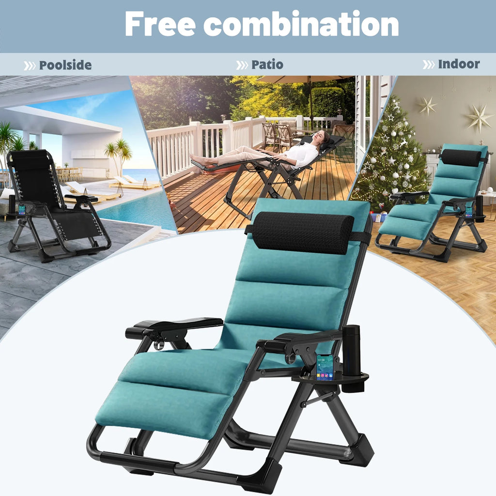 NAIZEA Outdoor Zero Gravity Chair Camping Recliner Lawn Recliner. Reclining Patio Lounger Chair. Folding Portable Chaise with Detachable Soft Cushion. Cup Holder. Headrest