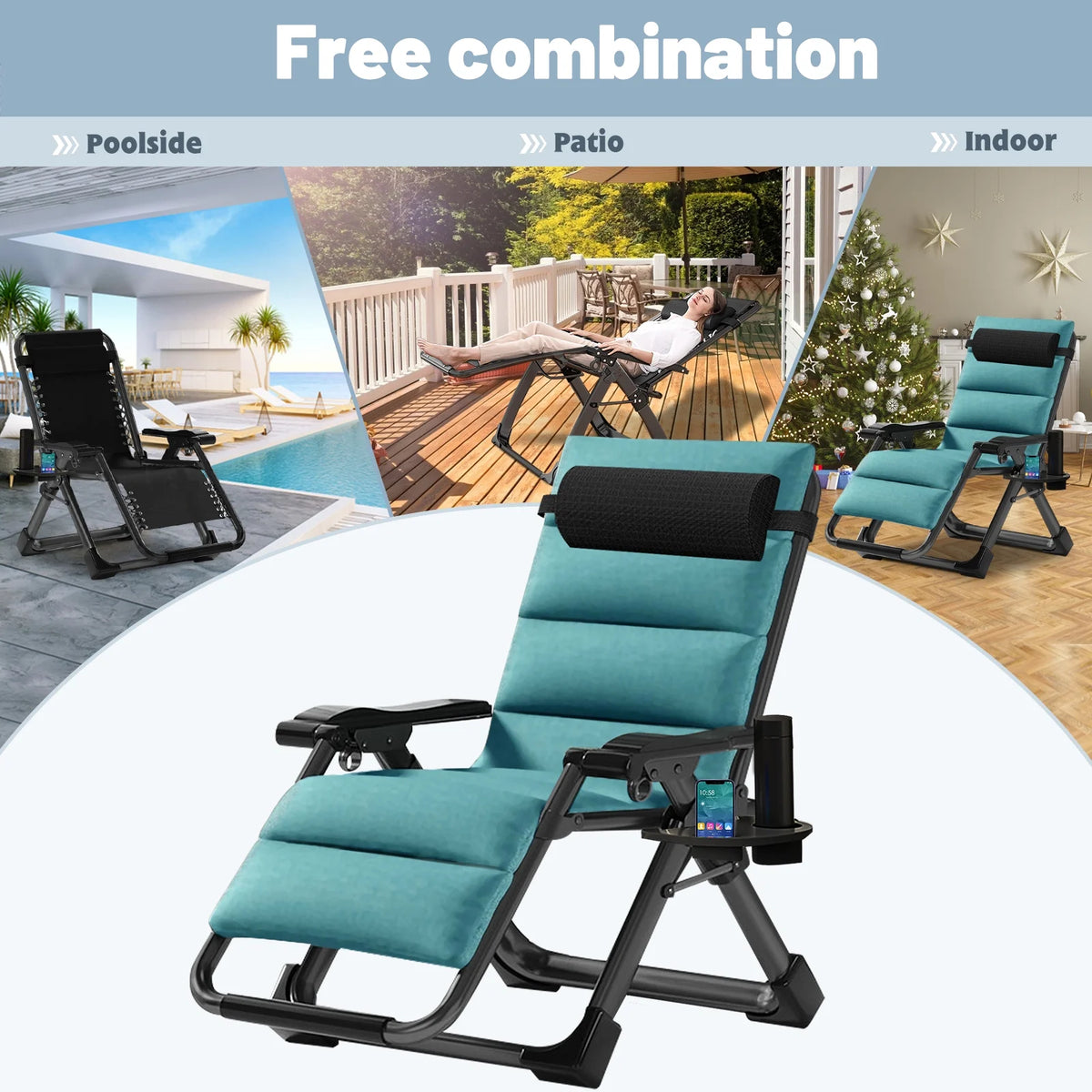 NAIZEA Outdoor Zero Gravity Chair Camping Recliner Lawn Recliner. Reclining Patio Lounger Chair. Folding Portable Chaise with Detachable Soft Cushion. Cup Holder. Headrest