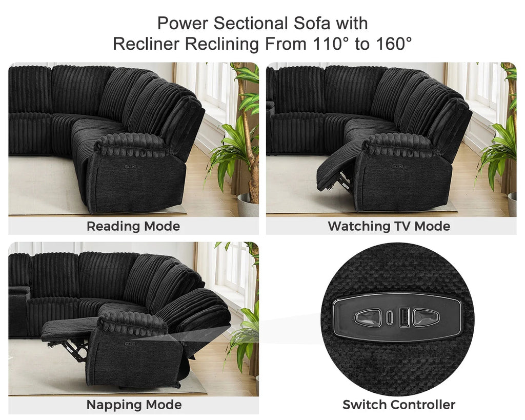 Power Reclining Sectional Sofa with Wireless Charger. 6 - Seater Faux Fur Sectional with Recliners. Hidden Cup Holders. Storage Console. USB & Type - C Ports. Black