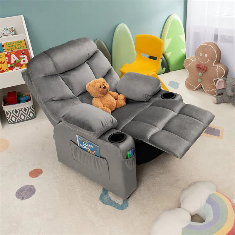 Kids Recliner Chair Adjustable Velvet Lounge Sofa with Cup Holders. 3 Pockets. Retractable Footrest. Toddler Furniture Sofa for Boys Girls Room