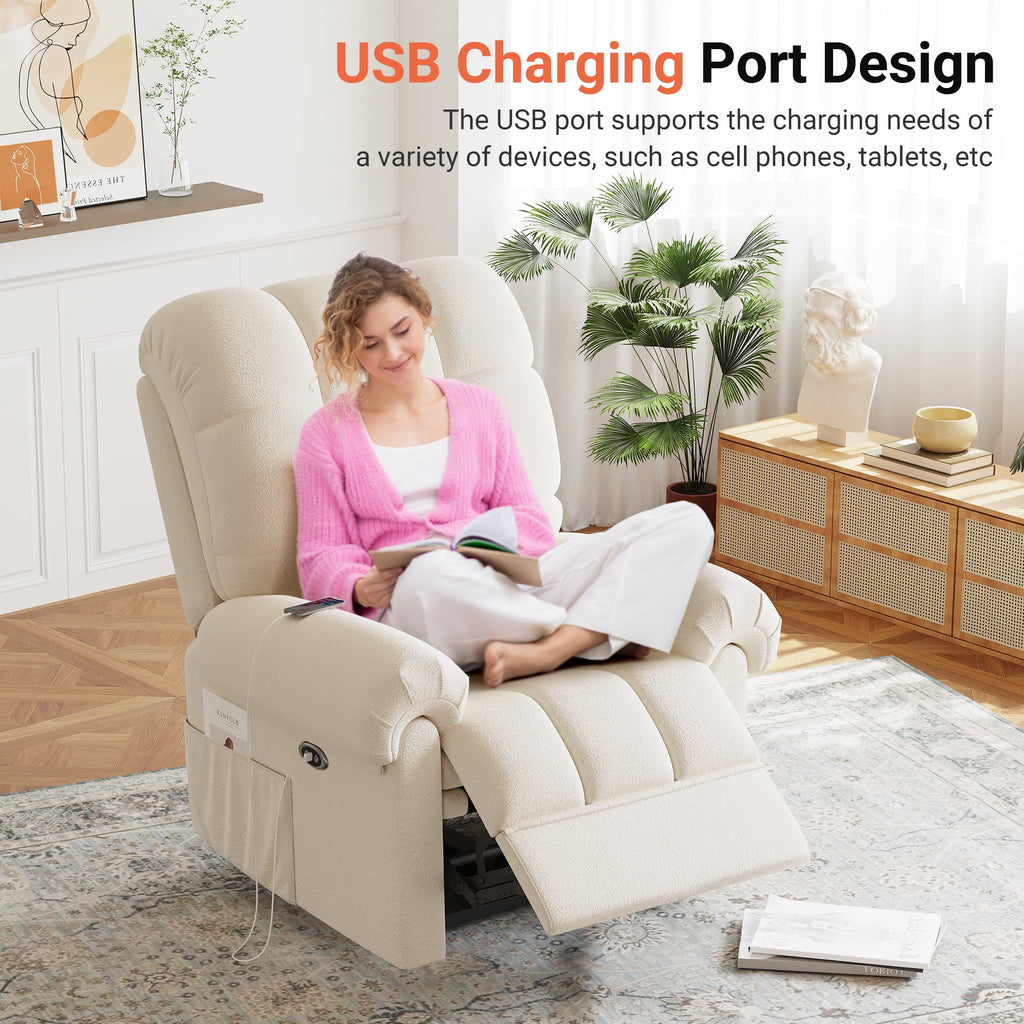 Power Recliner Chair. Electric Recline Sofa Chair for Adults with USB Port. Comfy Teddy Fleece Adjustable Cloud Sofa. Tool - Free Setup. Beige White