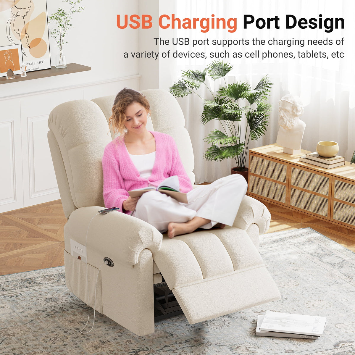 Power Recliner Chair. Electric Recline Sofa Chair for Adults with USB Port. Comfy Teddy Fleece Adjustable Cloud Sofa. Tool - Free Setup. Beige White