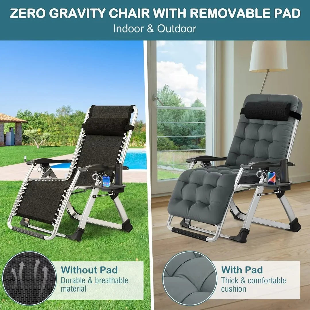 NAIZEA 2 Pack Zero Gravity Chair. Foldable Portable Lawn Recliner with Cushion. Headrest. Cup Holder. Black