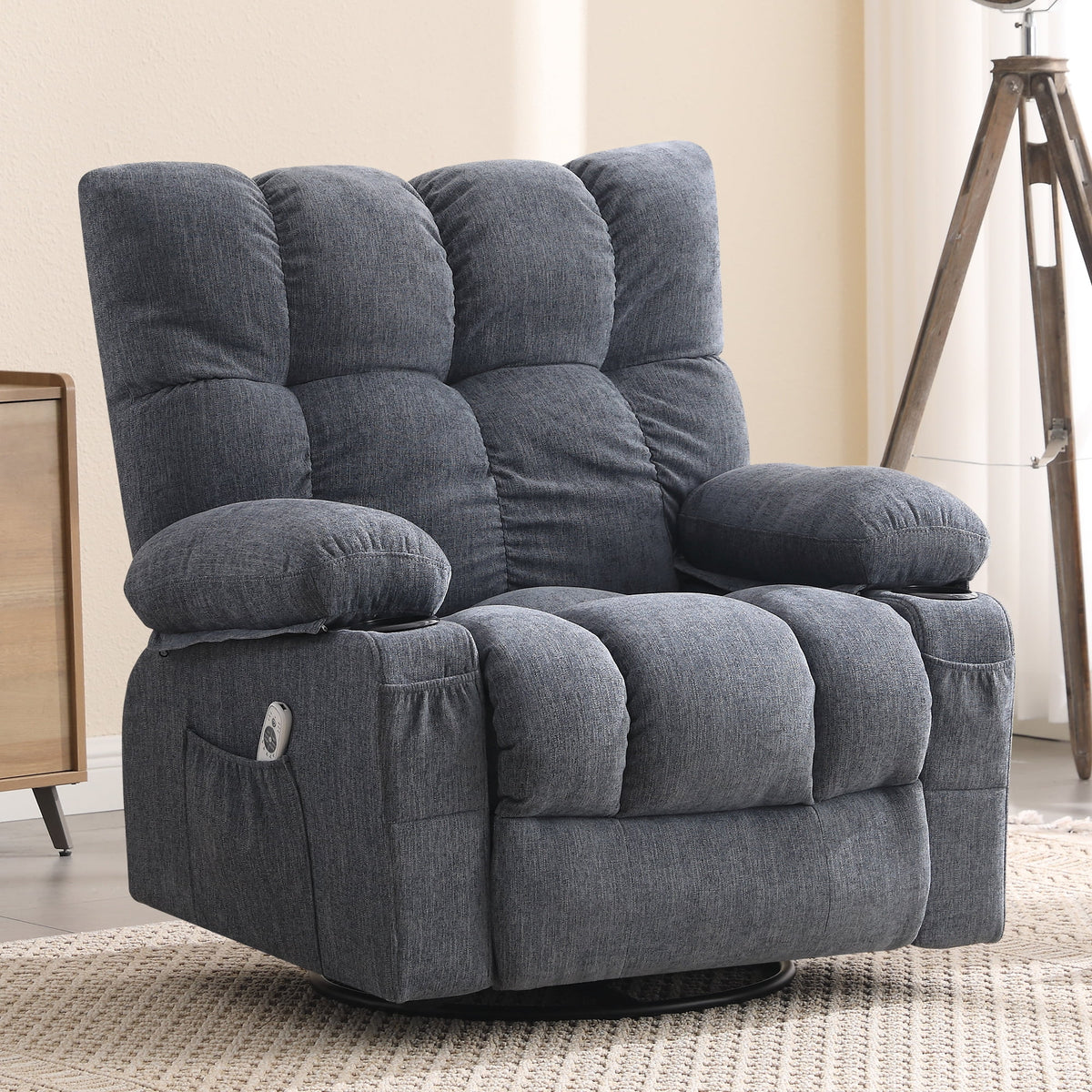 JONPONY Manual Recliner Chair with Heat Therapy and Massage Function. Heavy Duty Reclining Mechanism Massage Chair. Elderly Single Rocker Sofa with Cup Holders for Bedroom Home Theater. Grey