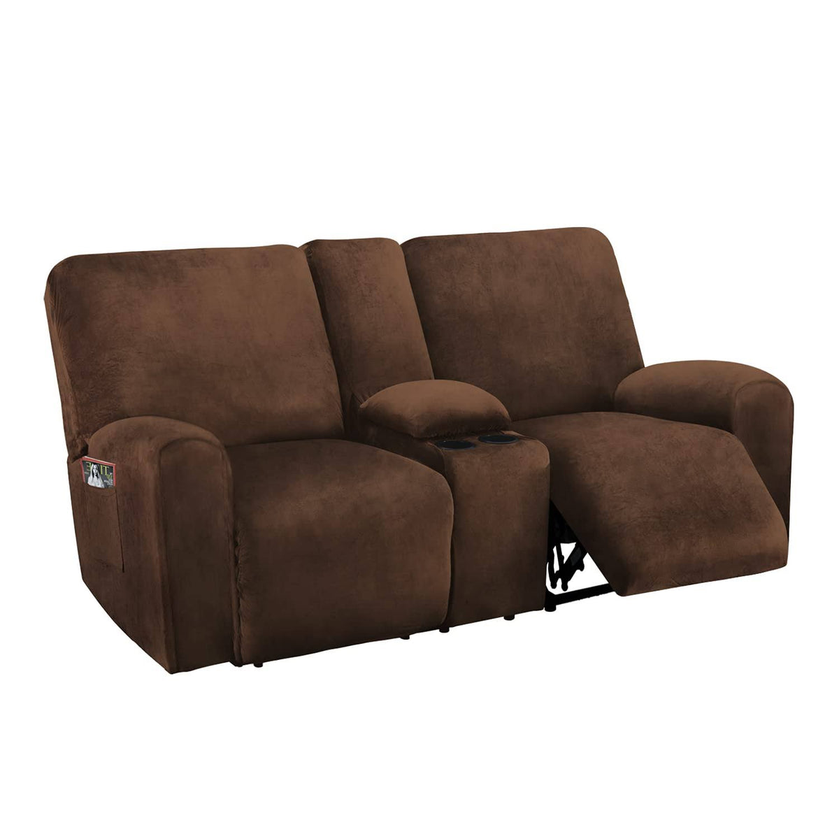 ULTICOR Reclining Love Seat with Middle Console Slipcover. 8-Piece Velvet Stretch 2 Seat Loveseat Recliner Cover. Thick Soft. Washable (chocolate)