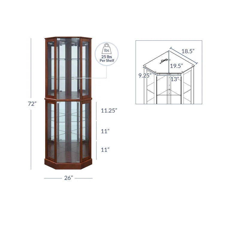 Schmidt Wood/Glass Lighted Corner Curio Cabinet 72 H