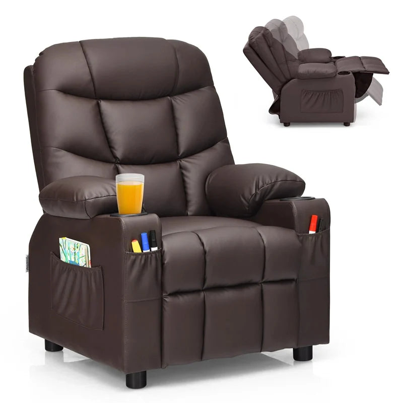 Kids Recliner Chair PU Leather Adjustable Lounge Sofa with Cup Holder. 3 Pockets & Retractable Footrest. Ergonomic Toddler Furniture Sofa