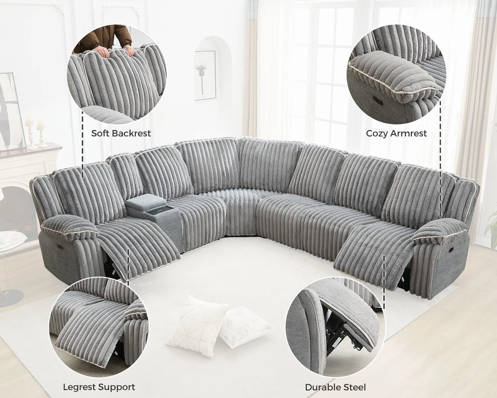 Power Reclining Sectional Sofa with Wireless Charger. 6 - Seater Faux Fur Sectional with Recliners. Hidden Cup Holders. Storage Console. USB & Type - C Ports. Black