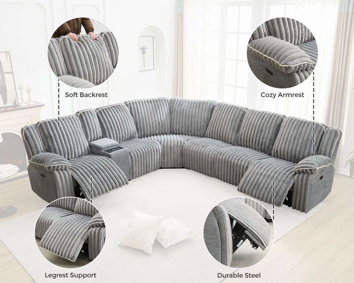 Power Reclining Sectional Sofa with Wireless Charger. 6 - Seater Faux Fur Sectional with Recliners. Hidden Cup Holders. Storage Console. USB & Type - C Ports. Black