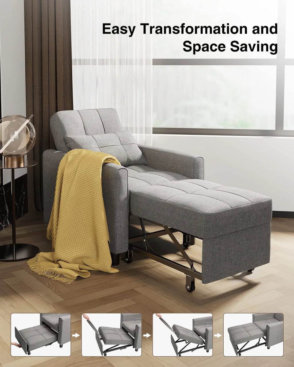 Lofka Chair Bed. Convertible Sofa Bed Couch Recliner Single Bed for Living Room/Office/Bedroom. Light Gray