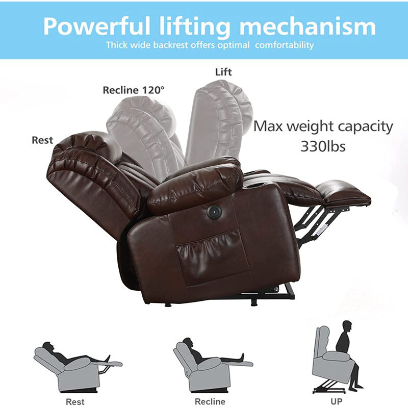 💥Clearance Sale🔥 MCombo Large Lay Flat Dual Motor Power Lift Recliner Chair Sofa with Massage and Heat. USB Ports. Cup Holders. Extended Footrest！