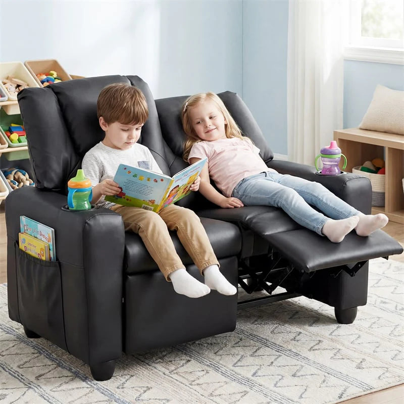 2-Seater Kids Recliner. PU Leather Reclining Loveseat with Cup Holders & 2 Side Storage Pockets. Adjustable Double Toddler Sofa for Boys Girls