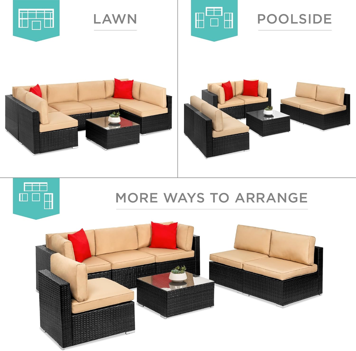 7-Piece Modular Outdoor Sectional Wicker Patio Conversation Set w/ 2 Pillows. Coffee Table