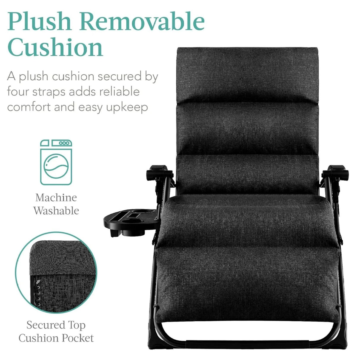 Oversized Chair. Folding Outdoor Patio Recliner. XL Anti Gravity Lounger W/Removable Cushion. Cup Holder. Side Tray. 350 lb Capacity - Taupe