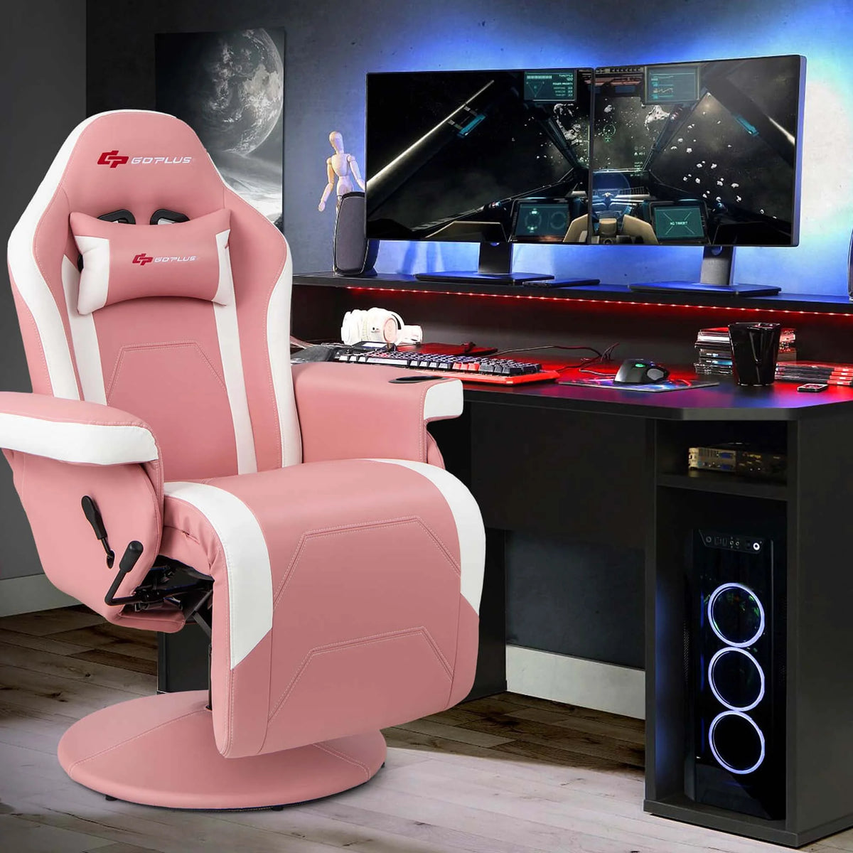 Goplus Massage Gaming Recliner Height Adjustable Racing Swivel Chair with Cup Holder Red
